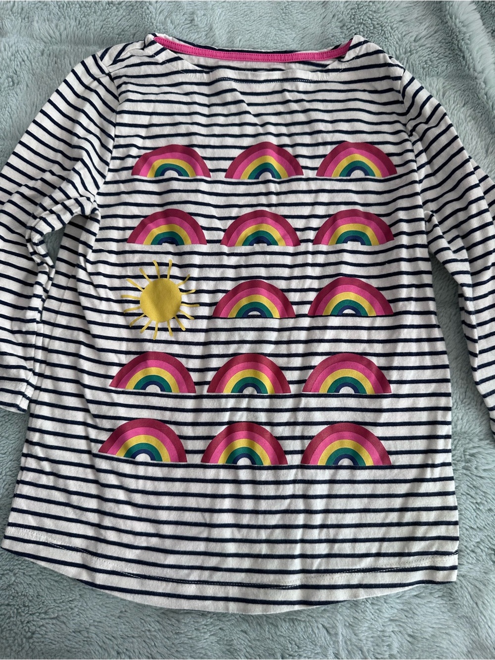 Mini Boden White Navy Striped 3/4 length Tee with Pink Rainbows and Yellow Sun